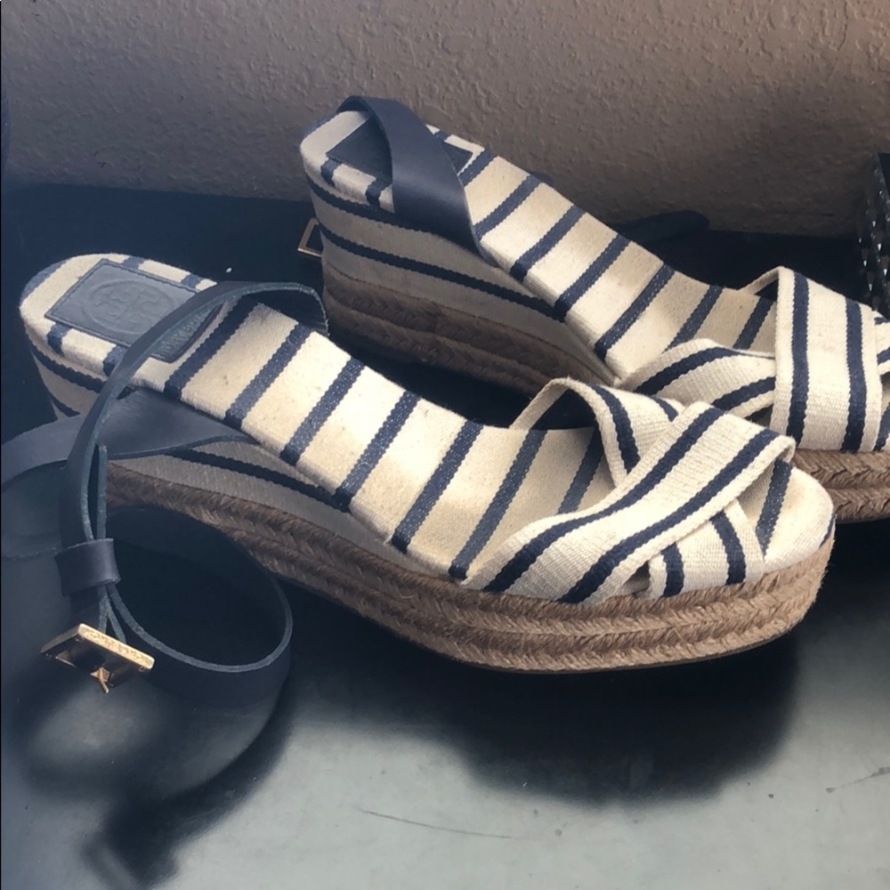 Authentic Tory Burch sandals blue and white stripe